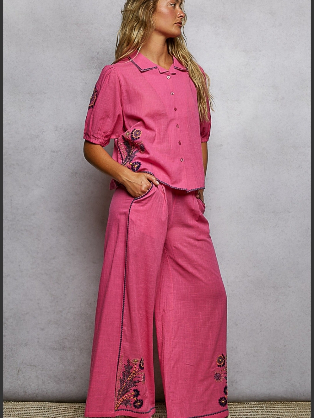 POL Pink Embroidered Button-Front Pants Set - Picture 5 of 8